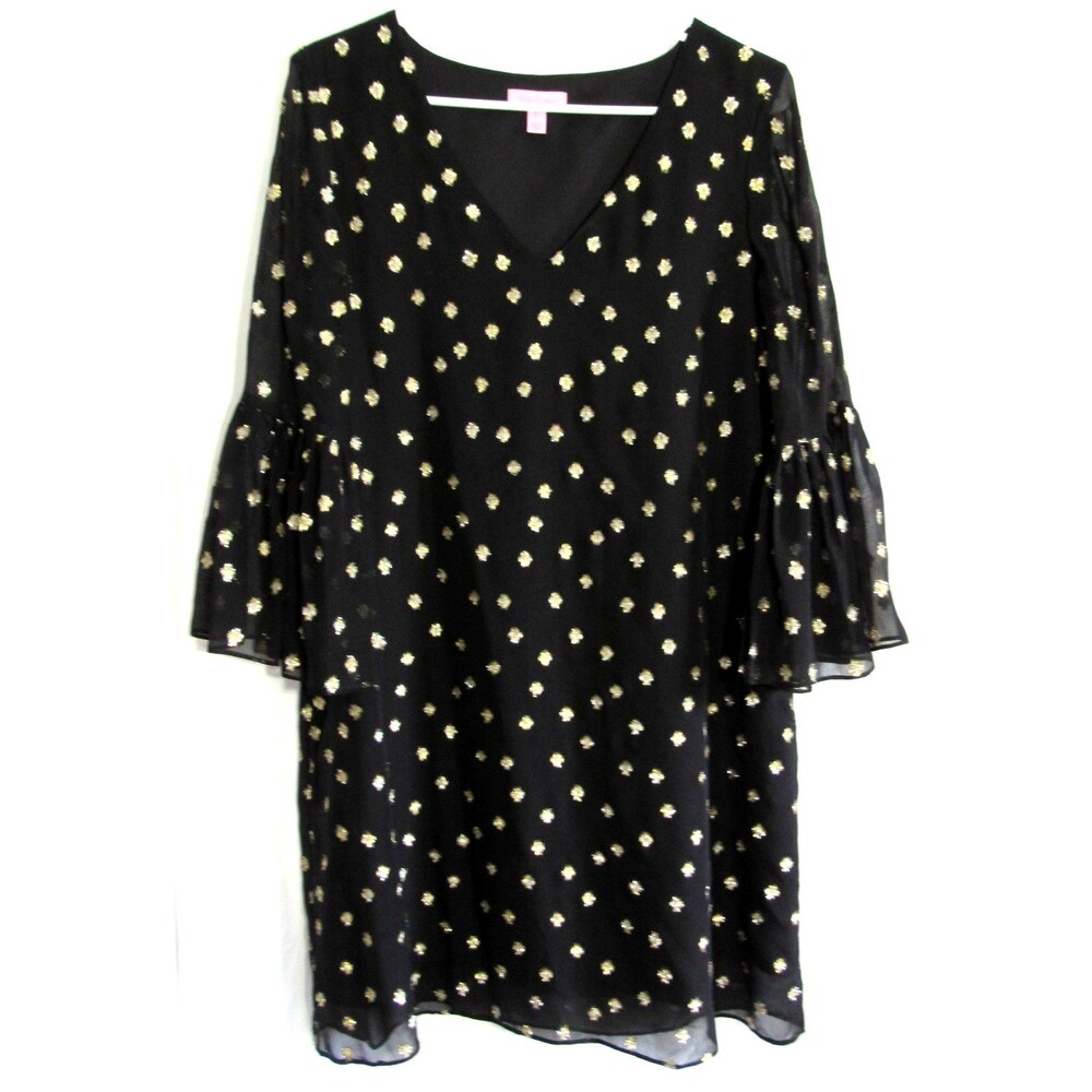 Lilly Pulitzer Black Caroline Silk 3/4 Sleeve Gold Metallic Tunic Dress 6 EUC